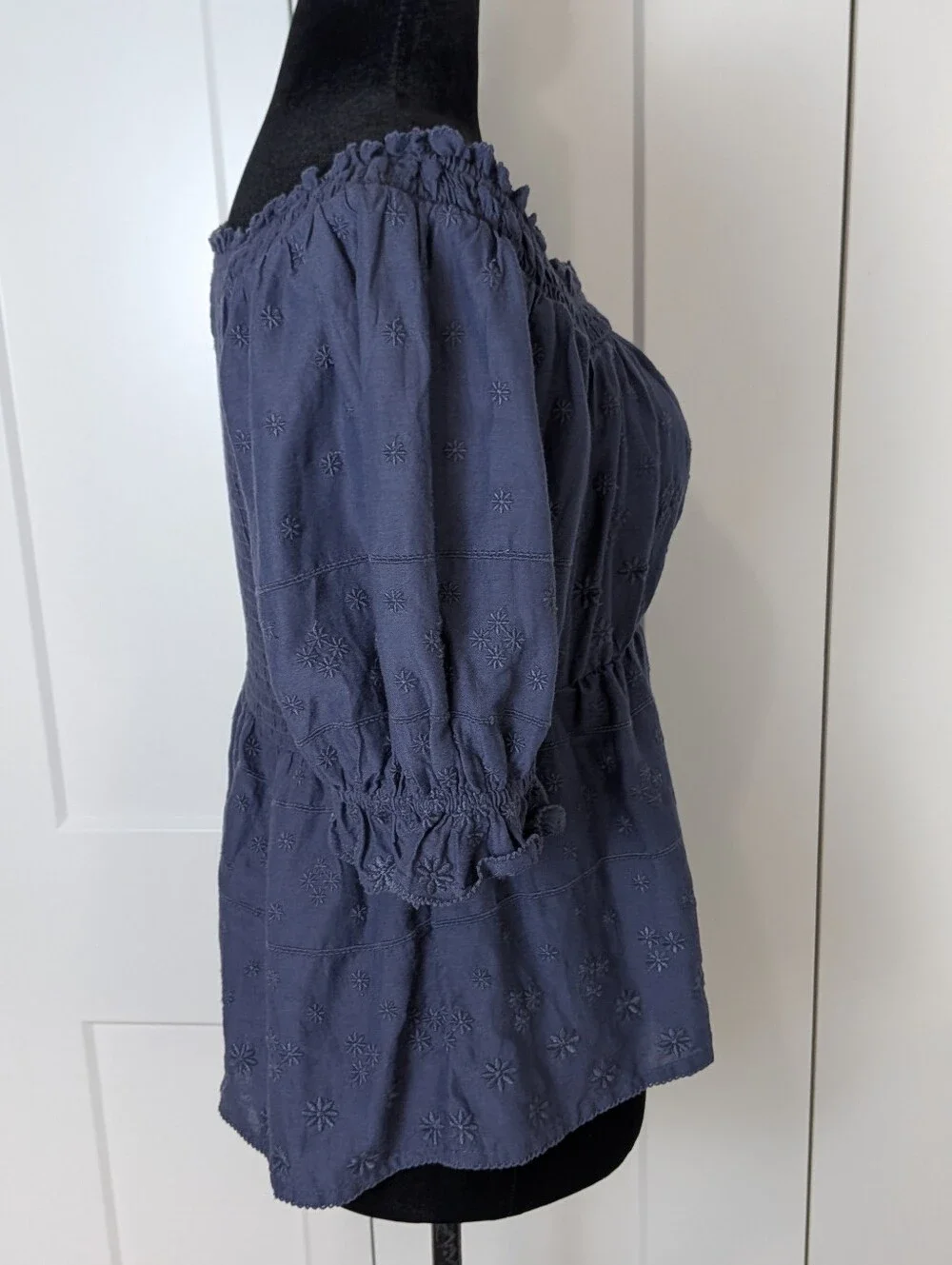 NWT Old Navy Blue Eyelet Smocked Off Shoulder Puff Sleeve Peasant Blouse Sz M